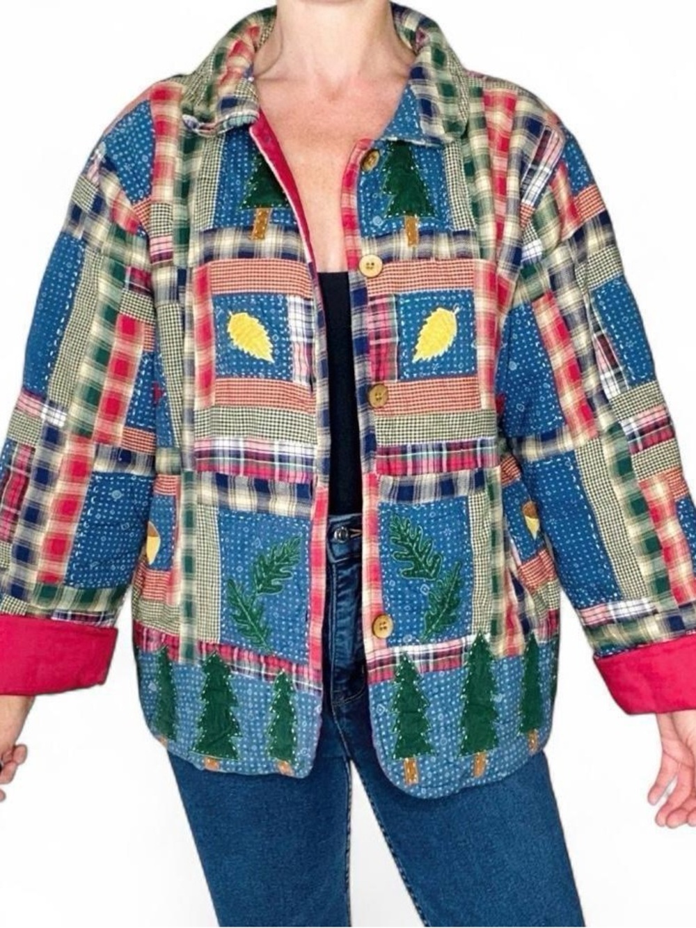 Vintage Casey Coleman Red Blue Fall Cabin Patchwork Plaid Quilted Jacket